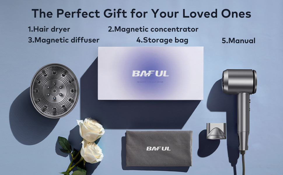 baful Hair Dryer with Diffuser - 19m/s llano High Speed Ionic Professional Fast Drying Blow Dryer, 1500W, 5Temps / 2Speeds, Low Noise Thermo-Control, Compact with Storage Bag for Travel/Home Handheld electric hair dryers
