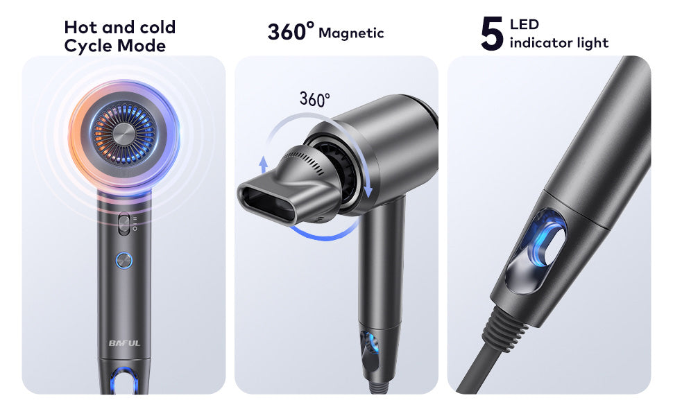 baful Hair Dryer with Diffuser - 19m/s llano High Speed Ionic Professional Fast Drying Blow Dryer, 1500W, 5Temps / 2Speeds, Low Noise Thermo-Control, Compact with Storage Bag for Travel/Home Handheld electric hair dryers