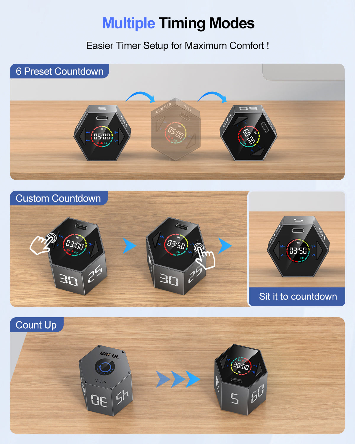 baful Pomodoro Timer, Productivity Timer Cube, ADHD Timer, Pause & Resume, Silent, Vibrate & Adjustable Sound Alert, for Work, Study, 5/15/25/30/45/60min & Custom Countdown, Gray Timers